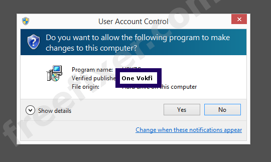 Screenshot where One Vokfi appears as the verified publisher in the UAC dialog